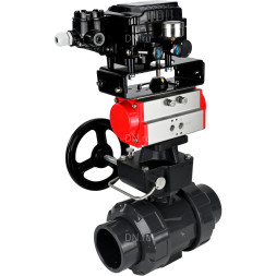 Кран шаровой BV4242E-FP-GRM-ISO Дн32 Ру10 полнопроходной, корпус - НПВХ, шар - НПВХ, уплотнение - EPDM, с пневмоприводом PA-DA-052, ручным дублером MON1-250-T26-ISO и пневмопозиционером YT-1000RSN с обратной связью