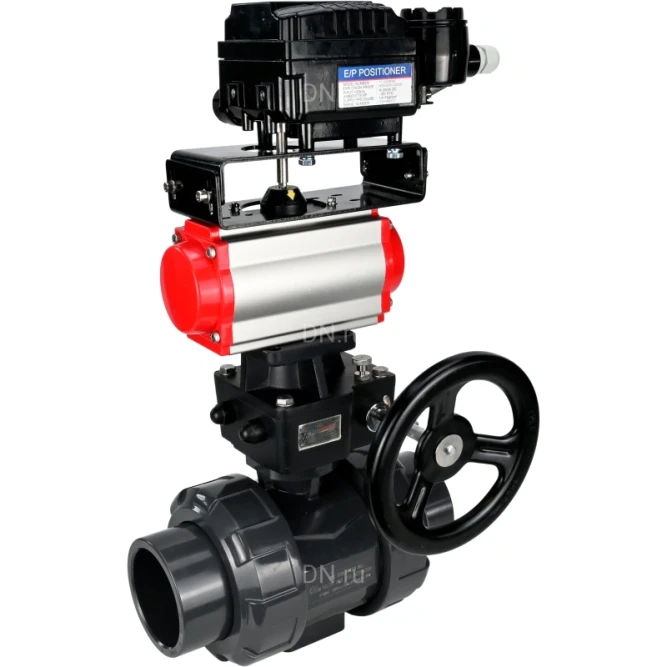 Кран шаровой BV4242E-FP-GRM-ISO Дн32 Ру10 полнопроходной, корпус - НПВХ, шар - НПВХ, уплотнение - EPDM, с пневмоприводом PA-DA-052, ручным дублером MON1-250-T26-ISO и пневмопозиционером YT-1000RSN с обратной связью в Омске