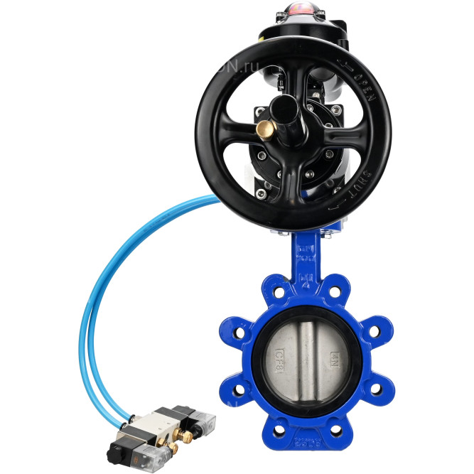 Затвор дисковый поворотный WBV1631E-2W-Fb-H Ду150 Ру16 LUG корпус - чугун QT450, диск - нержавеющая сталь 304, уплотнение - EPDM, с пневмоприводом PA-DA-105-1, пневмораспределителем 4V320-08 AC220V и БКВ APL-510N EX в Омске