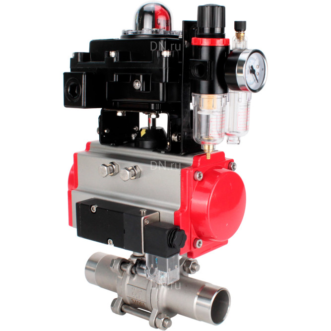Кран шаровой BV3131P(3pc)-FP-W-ISO-H LONG Ду25 Ру63 полнопроходной, корпус - нержавеющая сталь 304, уплотнение - PTFE, под приварку, с пневмоприводом PA-DA-083, пневмораспределителем 4M310-08 AC220V, БКВ APL-410N EX и БПВ AFC2000 в Омске