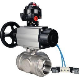 Кран шаровой BV3232P(4pc)-SP-3WL-T-ISO-H Ду80 Ру40, стандартнопроходной, четырехсоставной, корпус - нержавеющая сталь 316, уплотнение - PTFE, внутренняя резьба, с пневмоприводом PA-DA-105-1, пневмораспределителем 4V320-10 AC220V, БКВ APL-510N Ex