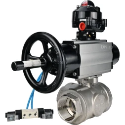 Кран шаровой BV3232P(4pc)-SP-3WL-T-ISO-H Ду80 Ру40, стандартнопроходной, четырехсоставной, корпус - нержавеющая сталь 316, уплотнение - PTFE, внутренняя резьба, с пневмоприводом PA-DA-105-1, пневмораспределителем 4V320-10 AC220V, БКВ APL-510N Ex