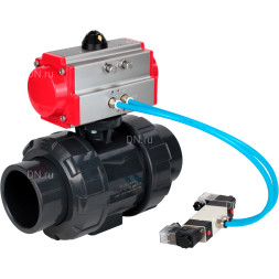 Кран шаровой BV4242E-FP-GRM-ISO Дн20 Ру10 полнопроходной, корпус - НПВХ, шар - НПВХ, уплотнение - EPDM, с пневмоприводом PA-DA-052 и пневмораспределителем 4V320-08 AC220V