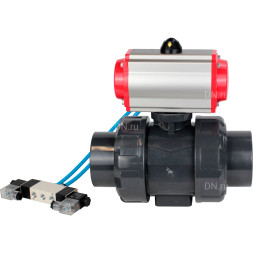 Кран шаровой BV4242E-FP-GRM-ISO Дн20 Ру10 полнопроходной, корпус - НПВХ, шар - НПВХ, уплотнение - EPDM, с пневмоприводом PA-DA-052 и пневмораспределителем 4V320-08 AC220V