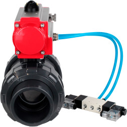 Кран шаровой BV4242E-FP-GRM-ISO Дн20 Ру10 полнопроходной, корпус - НПВХ, шар - НПВХ, уплотнение - EPDM, с пневмоприводом PA-DA-052 и пневмораспределителем 4V320-08 AC220V
