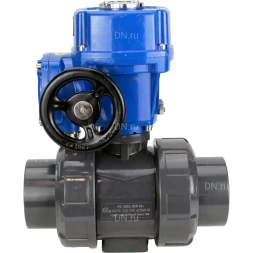 Кран шаровой BV4242E-FP-GRM-ISO Дн100 Ру10 полнопроходной, корпус - НПВХ, шар - НПВХ, уплотнение - EPDM, с электроприводом QT-N-005M-O2-380VAC-У1 с моментной муфтой и штурвалом