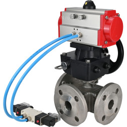 Кран шаровой BV3232P(4pc)-FP-3WL-F Ду15 Ру16 полнопроходной трехходовой, фланцевый, корпус - нержавеющая сталь SS316, с пневмоприводом PA-DA-052 двойного действия, пневмораспределителем 4V320-08 AC220V и ручным дублером MON1-250-T26-ISO