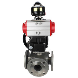 Кран шаровой BV3232P(4pc)-FP-3WL-F Ду25 Ру16 полнопроходной трехходовой, фланцевый, корпус - нержавеющая сталь SS316, с пневмоприводом PA-DA-052 двойного действия, БКВ APL-510N EX и ручным дублером MON1-250-T26-ISO